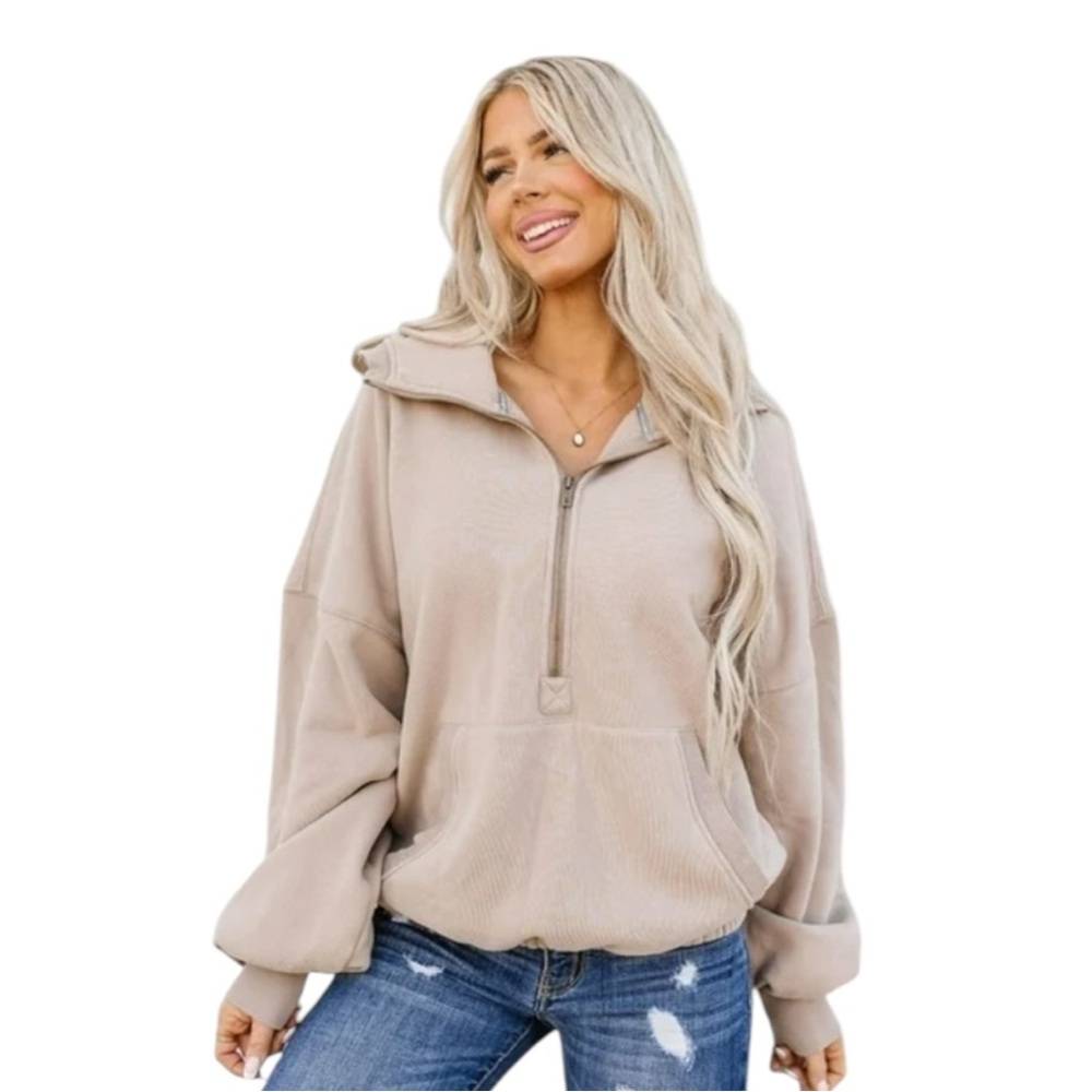 NWOT Ampersand Avenue Oversized Half Zip Sweatshirt ~ Sand